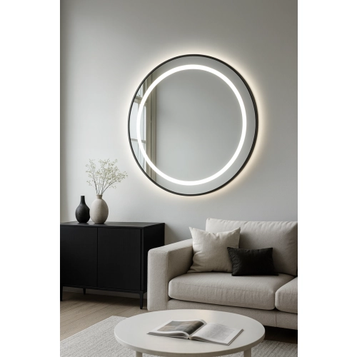 Lustro okrągłe w czarnej matowej ramie mdf z piaskowanym podświetleniem - LAURA LED - kolor ramy do wyboru